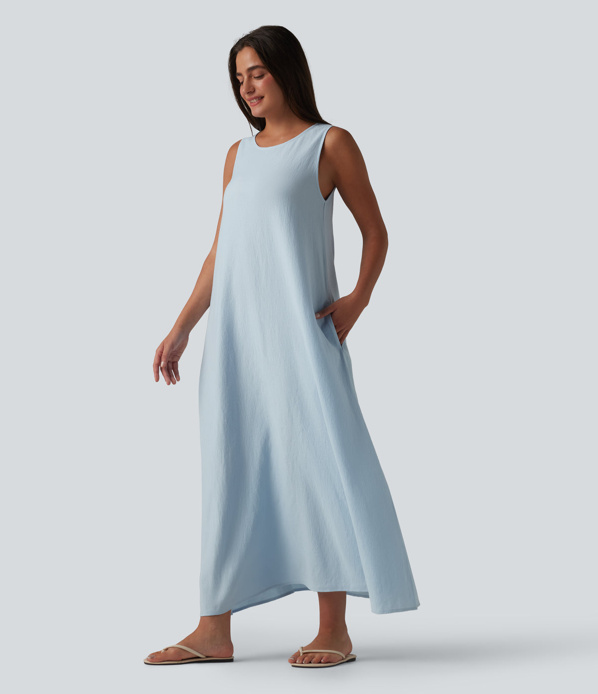Round Neck Sleeveless Midi Plain Casual Tank Dress with Pockets — Misty Rain Grey — view 1
