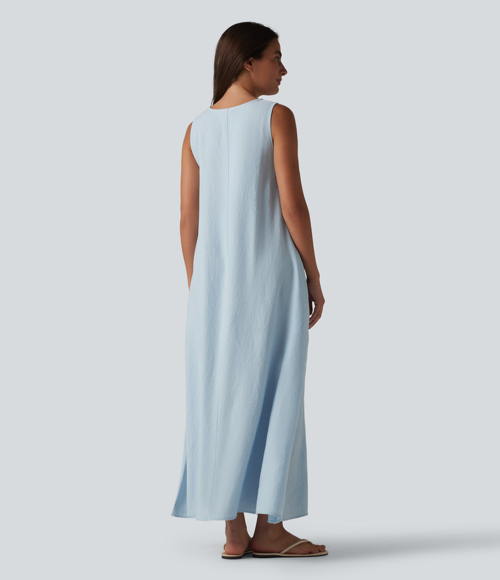Round Neck Sleeveless Midi Plain Casual Tank Dress with Pockets — Misty Rain Grey — view 2