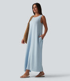 Round Neck Sleeveless Midi Plain Casual Tank Dress with Pockets — Misty Rain Grey — view 6