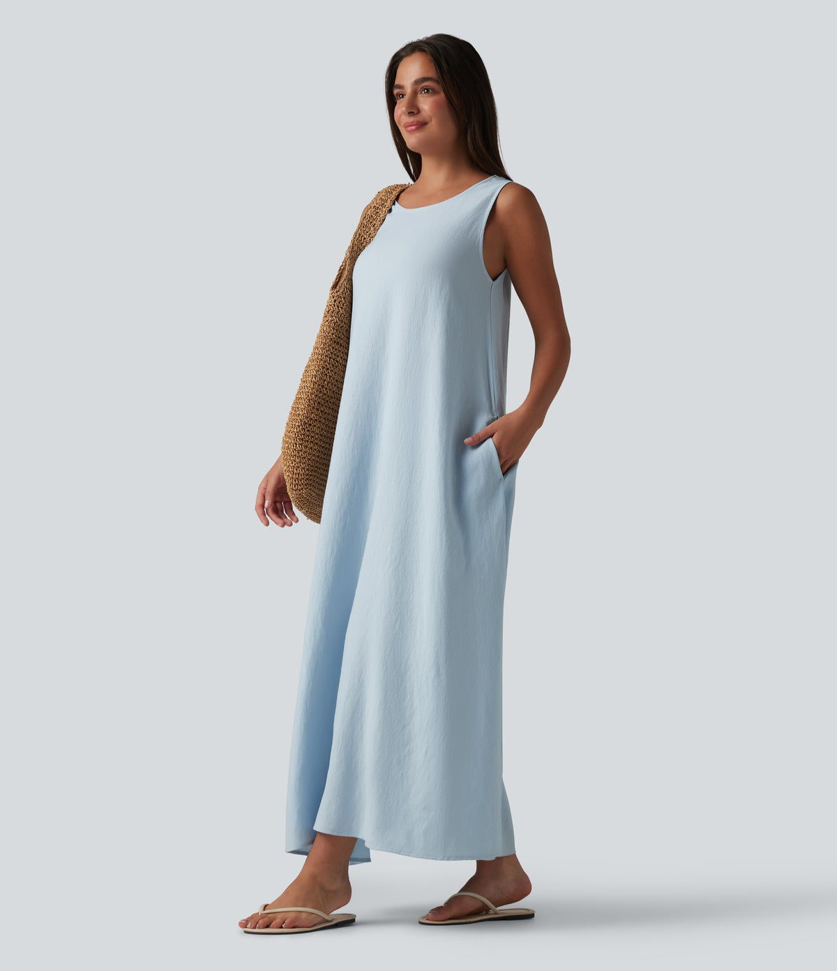 Round Neck Sleeveless Midi Plain Casual Tank Dress with Pockets — Misty Rain Grey — view 6