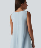 Round Neck Sleeveless Midi Plain Casual Tank Dress with Pockets — Misty Rain Grey — view 5