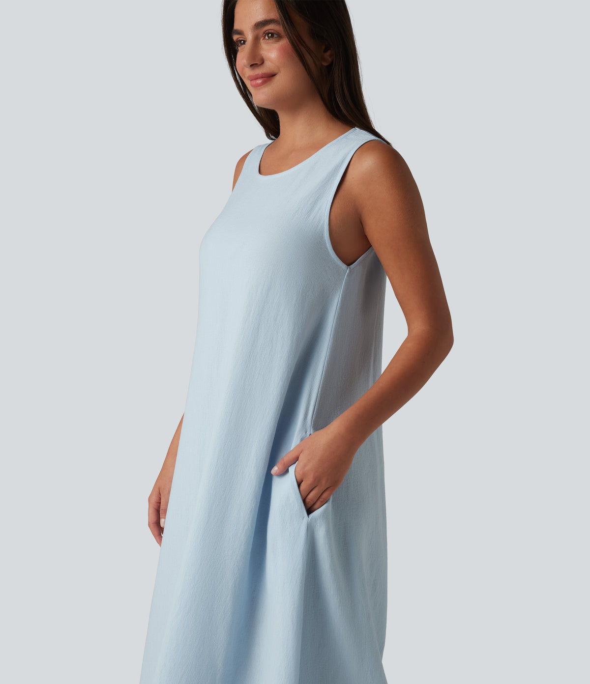 Round Neck Sleeveless Midi Plain Casual Tank Dress with Pockets — Misty Rain Grey — view 4