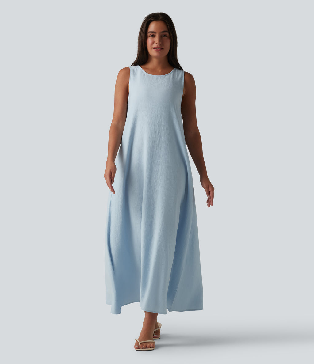 Round Neck Sleeveless Midi Plain Casual Tank Dress with Pockets — Misty Rain Grey — view 3