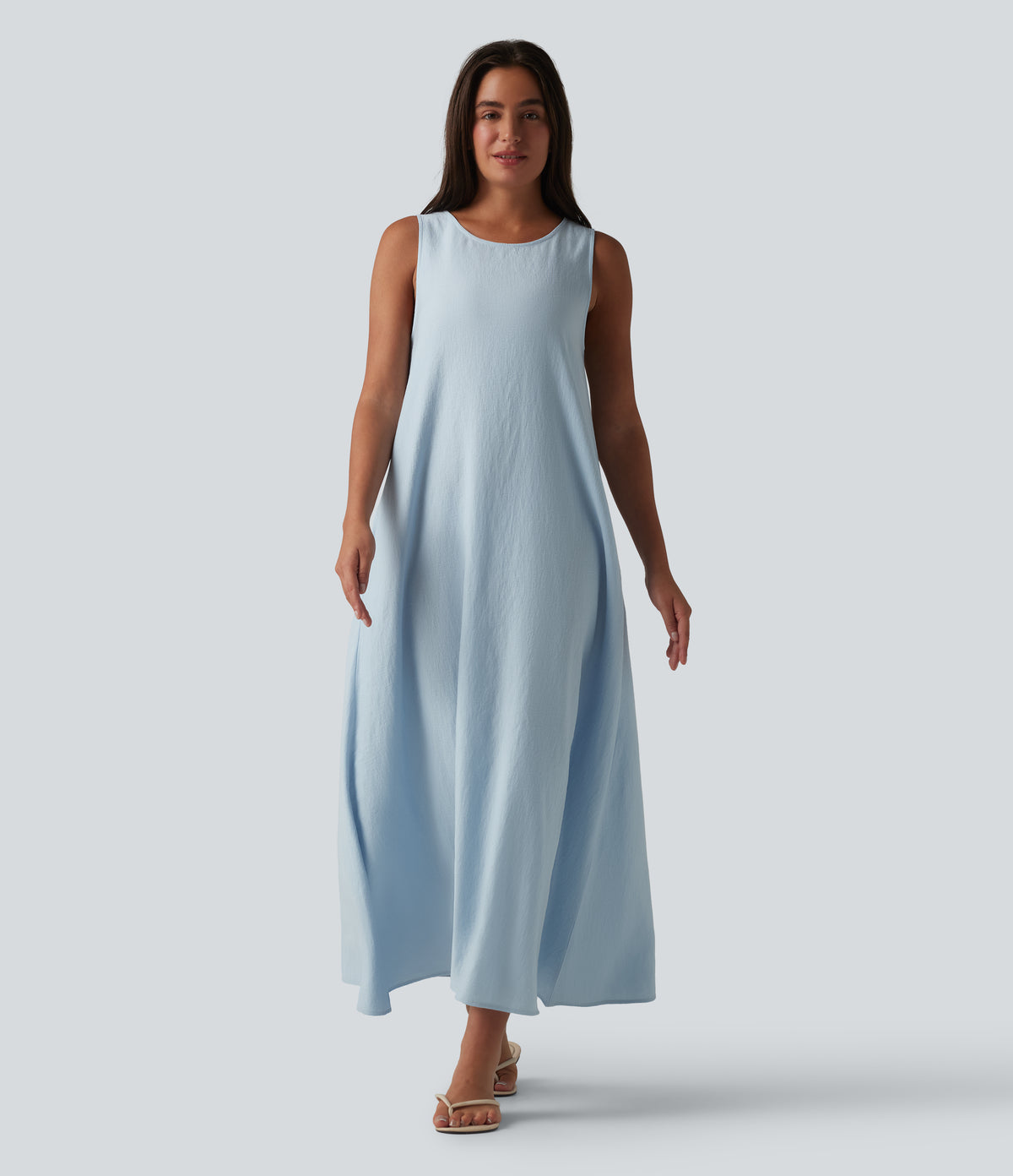 Round Neck Sleeveless Midi Plain Casual Tank Dress with Pockets — Misty Rain Grey — view 3