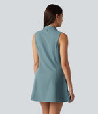 Sleeveless Stretchy Poplin Mini Casual Dress with Pockets — Stone Blue — view 2