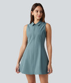 Sleeveless Stretchy Poplin Mini Casual Dress with Pockets — Stone Blue — view 1