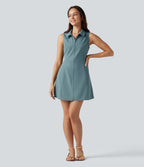 Sleeveless Stretchy Poplin Mini Casual Dress with Pockets — Stone Blue — view 6