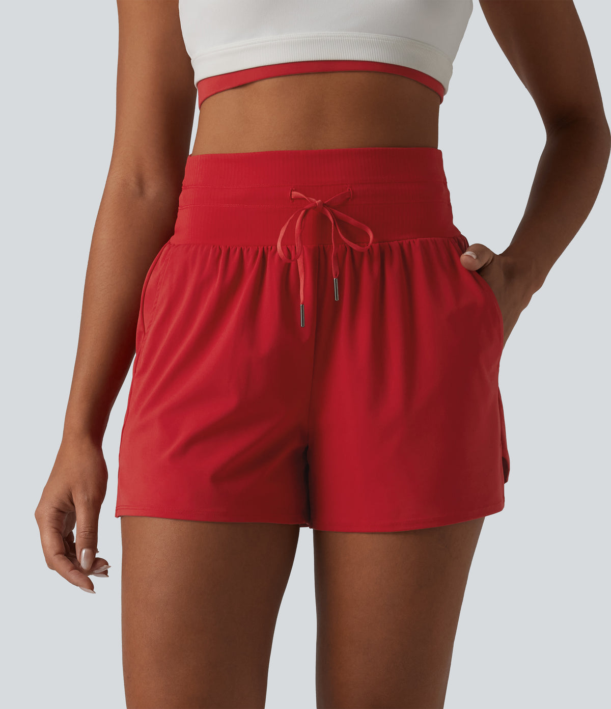 High Waisted Drawstring Yoga Shorts 3.5'' with Pockets — Aura Orange — view 3