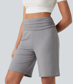 High Waisted Ruched Casual Bermuda Shorts with Pocket — Steel Gray — view 3