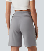 High Waisted Ruched Casual Bermuda Shorts with Pocket — Steel Gray — view 2