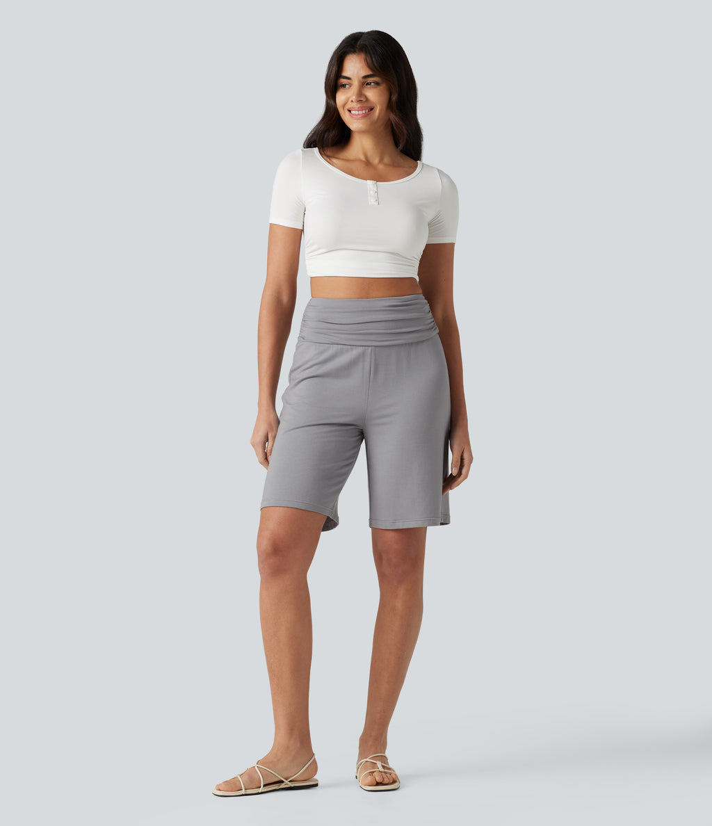 High Waisted Ruched Casual Bermuda Shorts with Pocket — Steel Gray — view 7