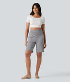 High Waisted Ruched Casual Bermuda Shorts with Pocket — Steel Gray — view 7
