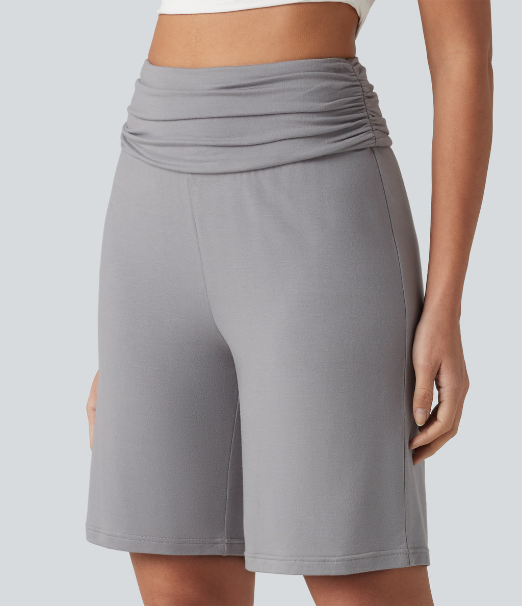 High Waisted Ruched Casual Bermuda Shorts with Pocket — Steel Gray — view 5