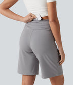 High Waisted Ruched Casual Bermuda Shorts with Pocket — Steel Gray — view 4