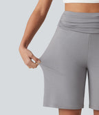 High Waisted Ruched Casual Bermuda Shorts with Pocket — Steel Gray — view 6