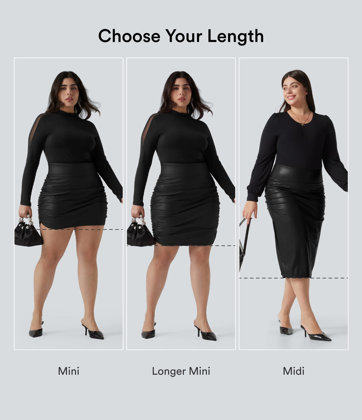 Plus Size High Waisted Tummy Control Ruched Curved Hem 2-in-1 Bodycon Fleece PU Leather Mini Skirt-Longer Length — Black — view 2
