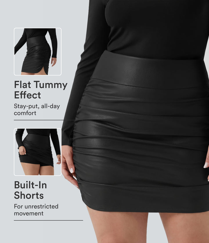 Plus Size High Waisted Tummy Control Ruched Curved Hem 2-in-1 Bodycon Fleece PU Leather Mini Skirt-Longer Length — Black — view 1