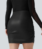 Plus Size High Waisted Tummy Control Ruched Curved Hem 2-in-1 Bodycon Fleece PU Leather Mini Skirt-Longer Length — Black — view 3