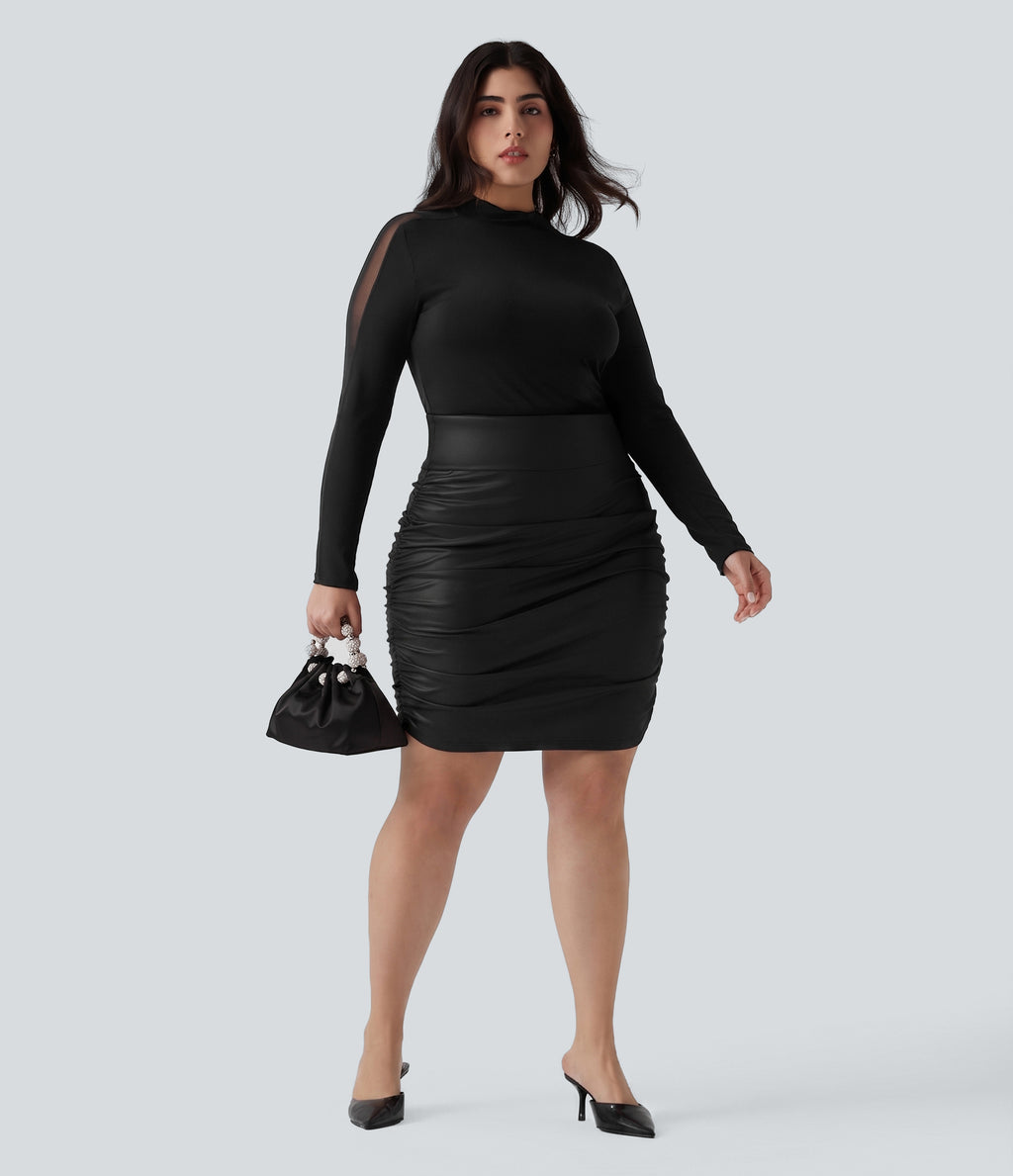 Plus Size High Waisted Tummy Control Ruched Curved Hem 2-in-1 Bodycon Fleece PU Leather Mini Skirt-Longer Length — Black — view 6