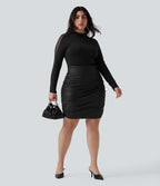 Plus Size High Waisted Tummy Control Ruched Curved Hem 2-in-1 Bodycon Fleece PU Leather Mini Skirt-Longer Length — Black — view 6