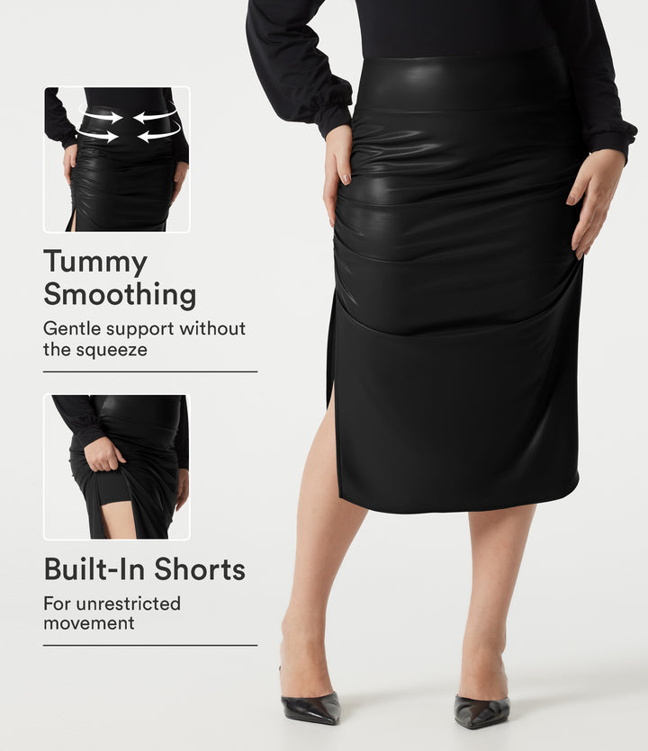Plus Size High Waisted Tummy Control Ruched Curved Hem 2-in-1 Fleece PU Leather Midi Casual Skirt — Black — view 1