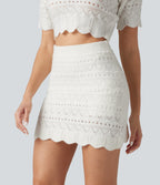 High Waisted 2-in-1 Open Knit Mini Casual Sweater Skirt with Pockets-Longer Length — White — view 4