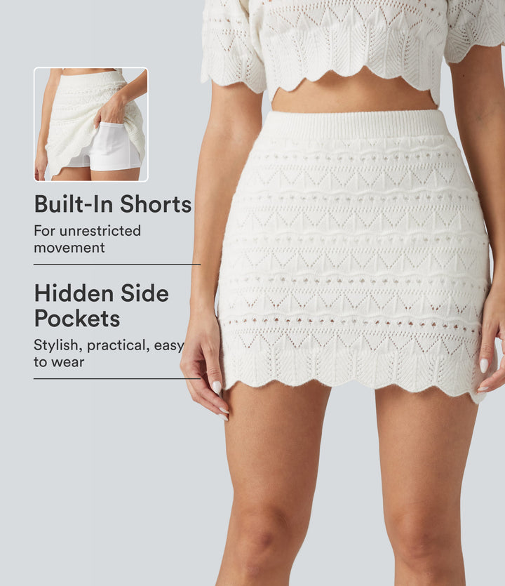 High Waisted 2-in-1 Open Knit Mini Casual Sweater Skirt with Pockets-Longer Length — White — view 1