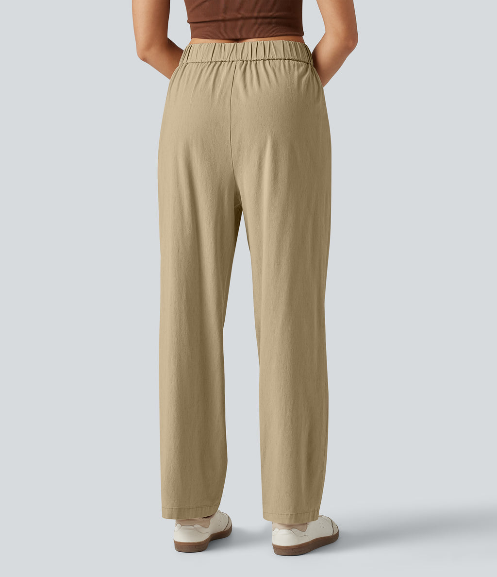 High Waisted Tapered Casual Stretch Linen Trousers with Pockets — Oatfield Cream — view 2
