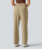 High Waisted Tapered Casual Stretch Linen Trousers with Pockets — Oatfield Cream — view 2