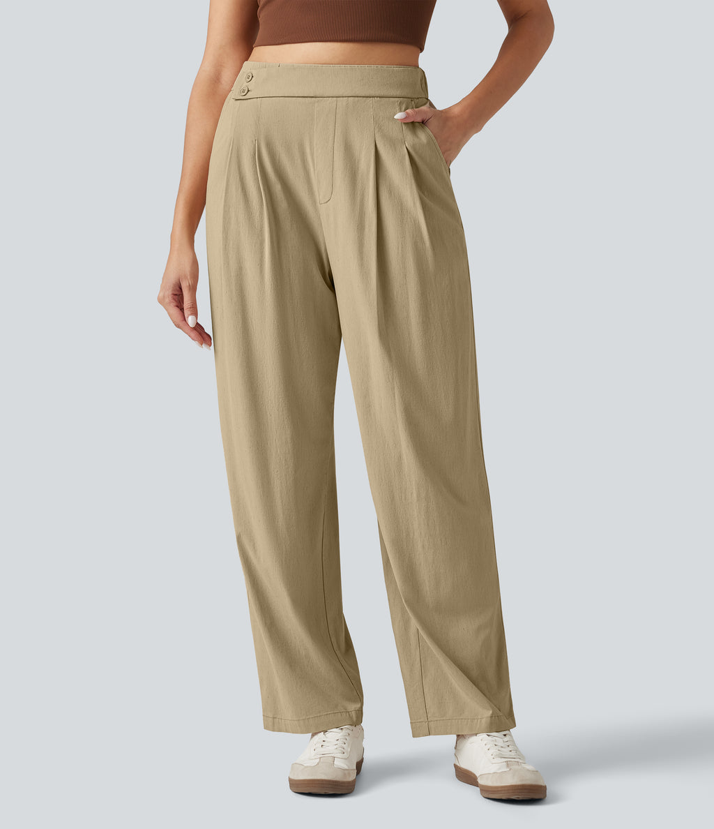 High Waisted Tapered Casual Stretch Linen Trousers with Pockets — Oatfield Cream — view 3