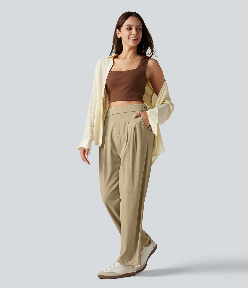 High Waisted Tapered Casual Stretch Linen Trousers with Pockets — Oatfield Cream — view 7