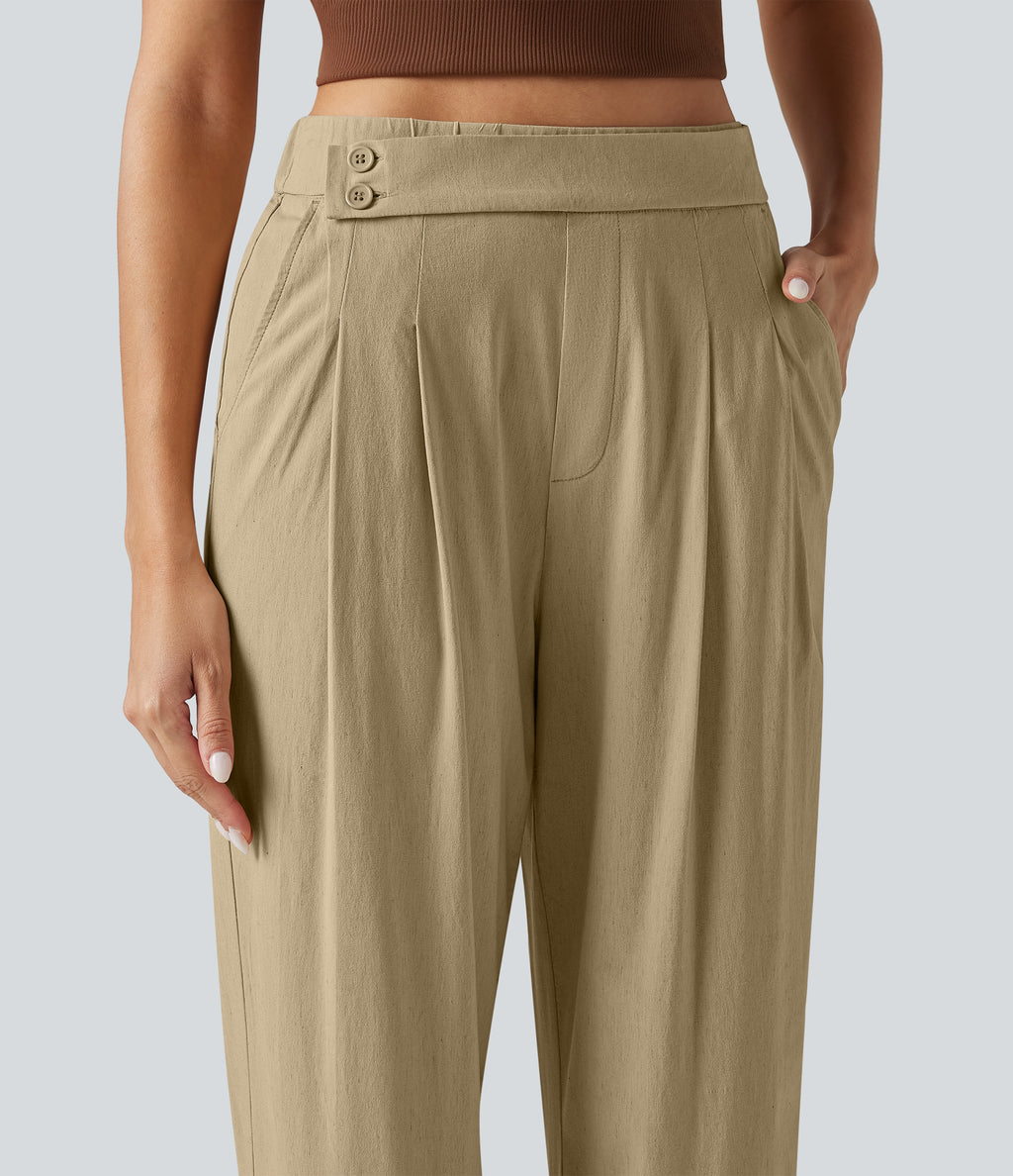 High Waisted Tapered Casual Stretch Linen Trousers with Pockets — Oatfield Cream — view 4
