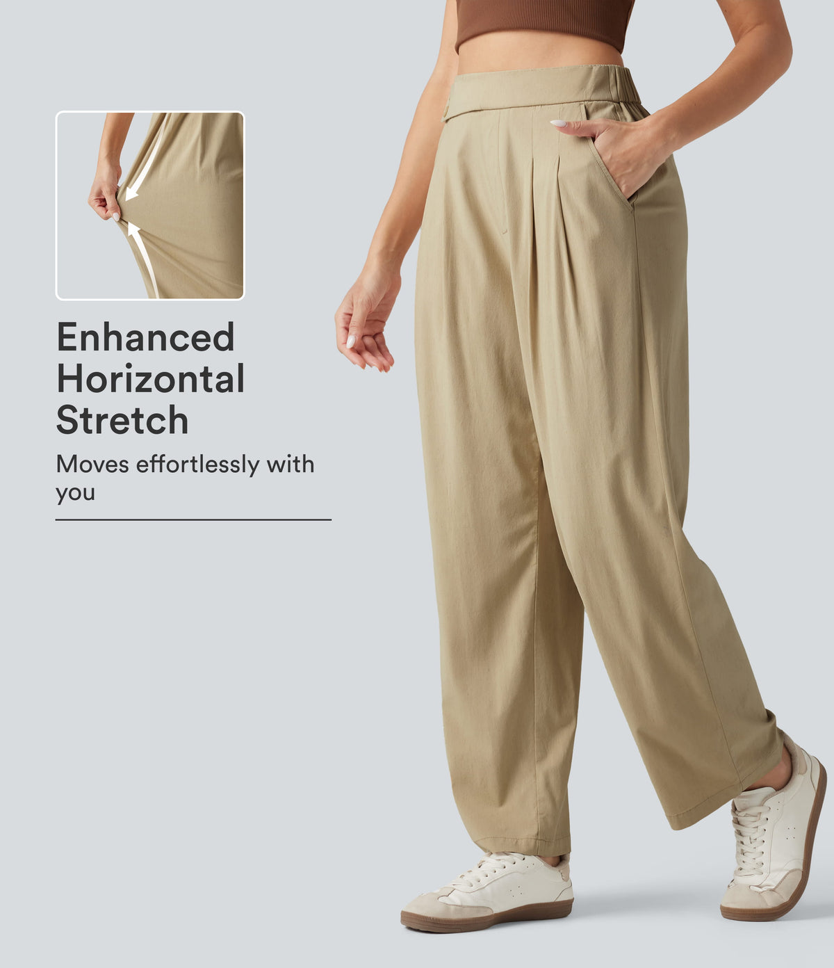 High Waisted Tapered Casual Stretch Linen Trousers with Pockets — Oatfield Cream — view 1