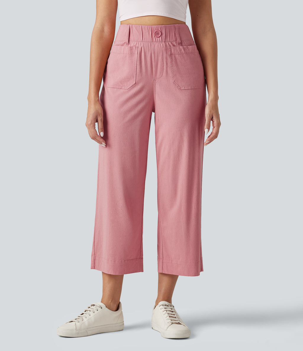High Waisted Wide Leg Cropped Casual Stretch Linen Trousers with Pockets — Rosewater Soft Pink — view 3