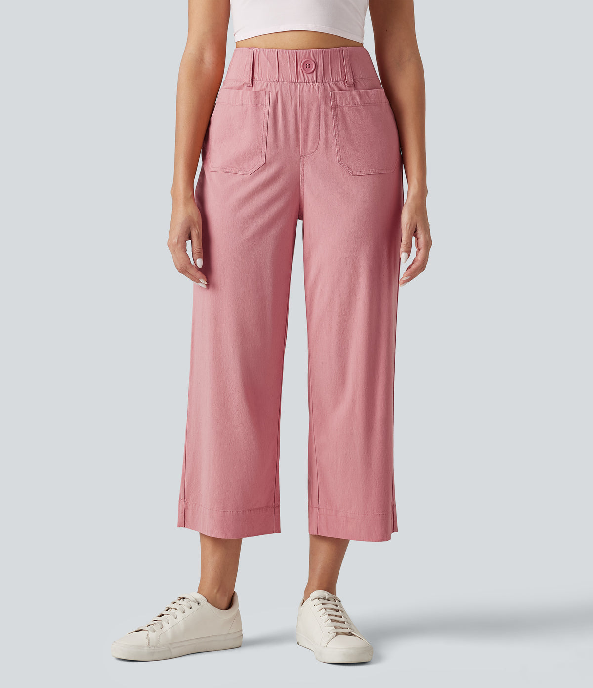 High Waisted Wide Leg Cropped Casual Stretch Linen Trousers with Pockets — Rosewater Soft Pink — view 3