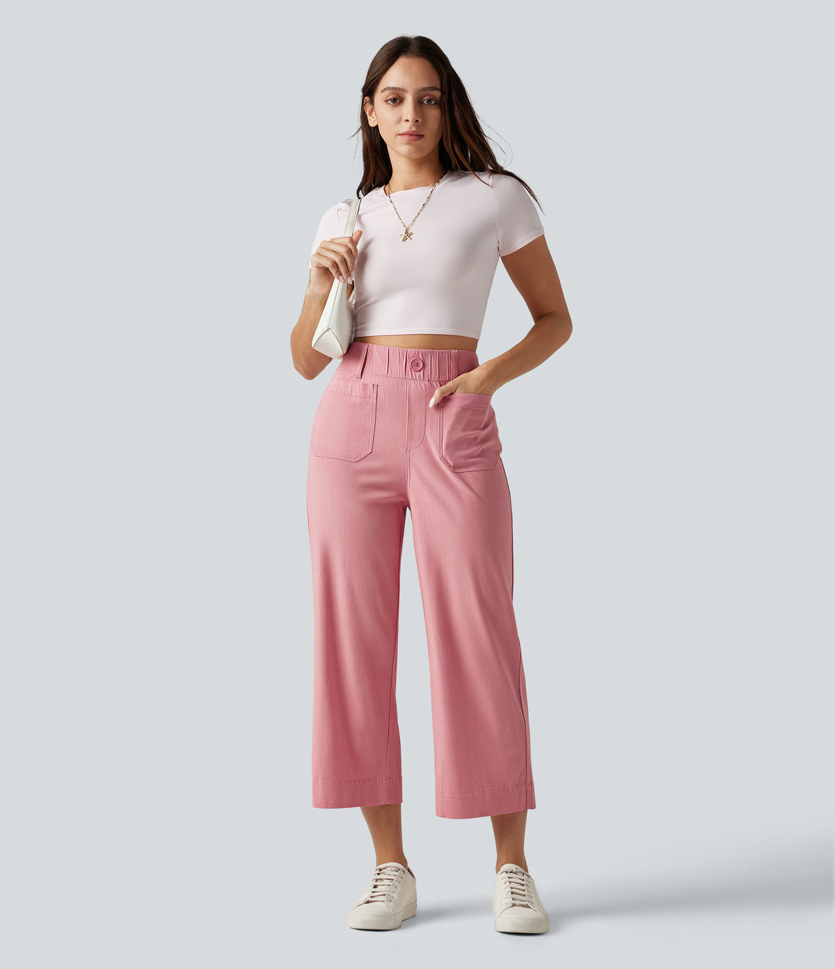 High Waisted Wide Leg Cropped Casual Stretch Linen Trousers with Pockets — Rosewater Soft Pink — view 7