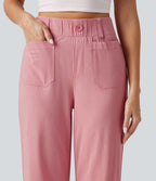 High Waisted Wide Leg Cropped Casual Stretch Linen Trousers with Pockets — Rosewater Soft Pink — view 5