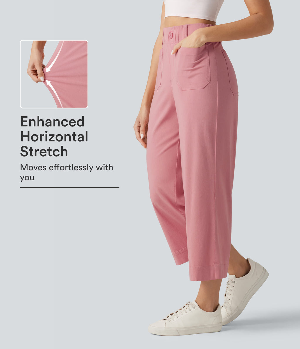 High Waisted Wide Leg Cropped Casual Stretch Linen Trousers with Pockets — Rosewater Soft Pink — view 1