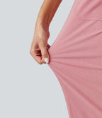 High Waisted Wide Leg Cropped Casual Stretch Linen Trousers with Pockets — Rosewater Soft Pink — view 6