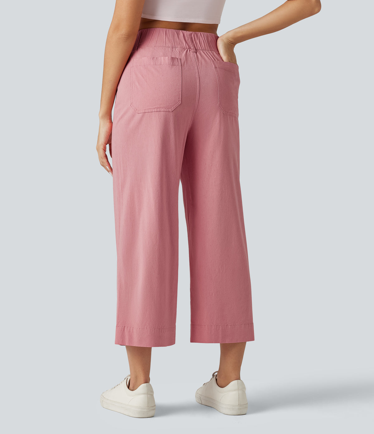 High Waisted Wide Leg Cropped Casual Stretch Linen Trousers with Pockets — Rosewater Soft Pink — view 2