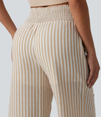 High Waisted Shirred 2-in-1 Straight Leg Stripe Casual Linen-Feel Trousers with Pockets — Oatline — view 5