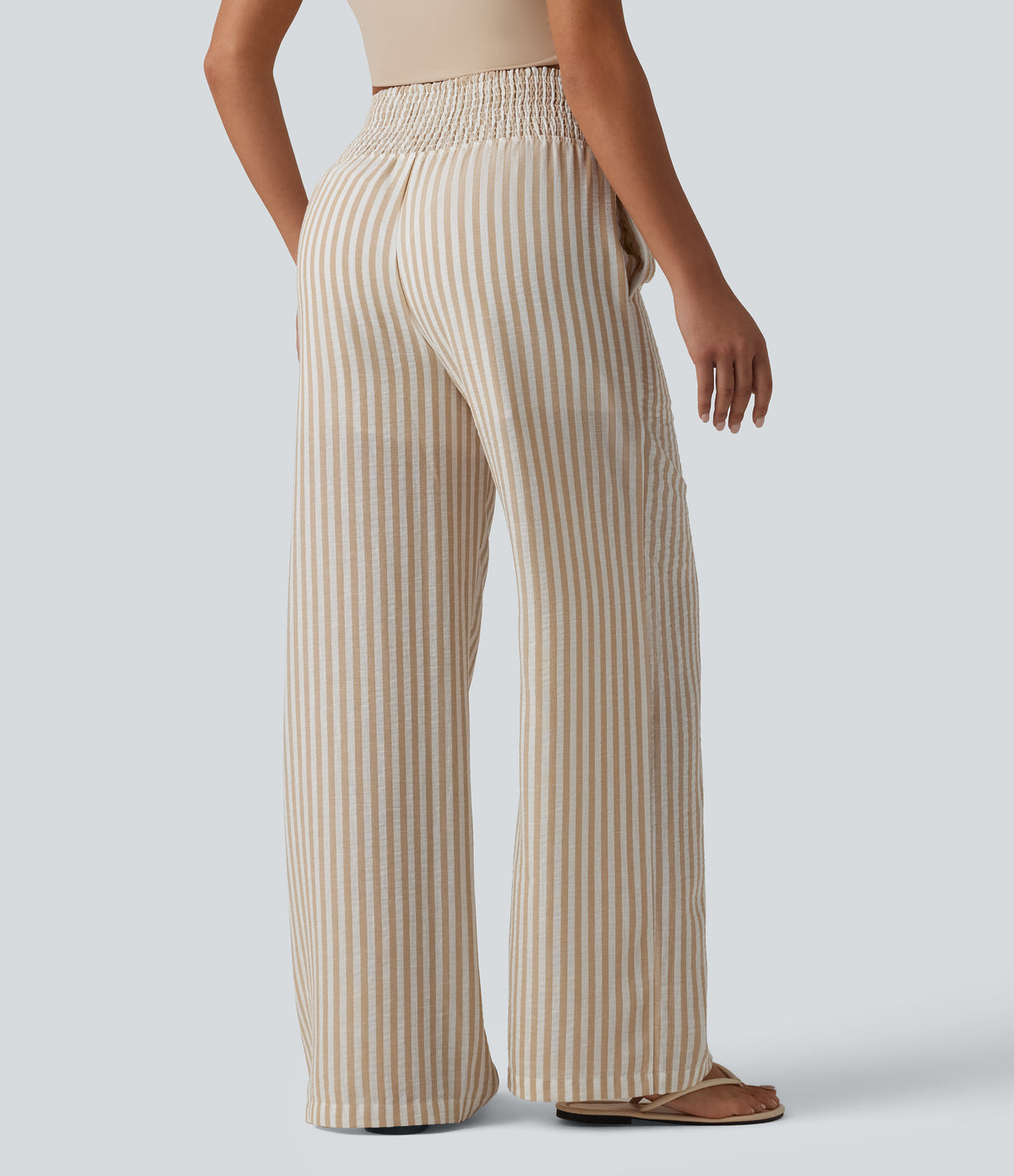 High Waisted Shirred 2-in-1 Straight Leg Stripe Casual Linen-Feel Trousers with Pockets — Oatline — view 2