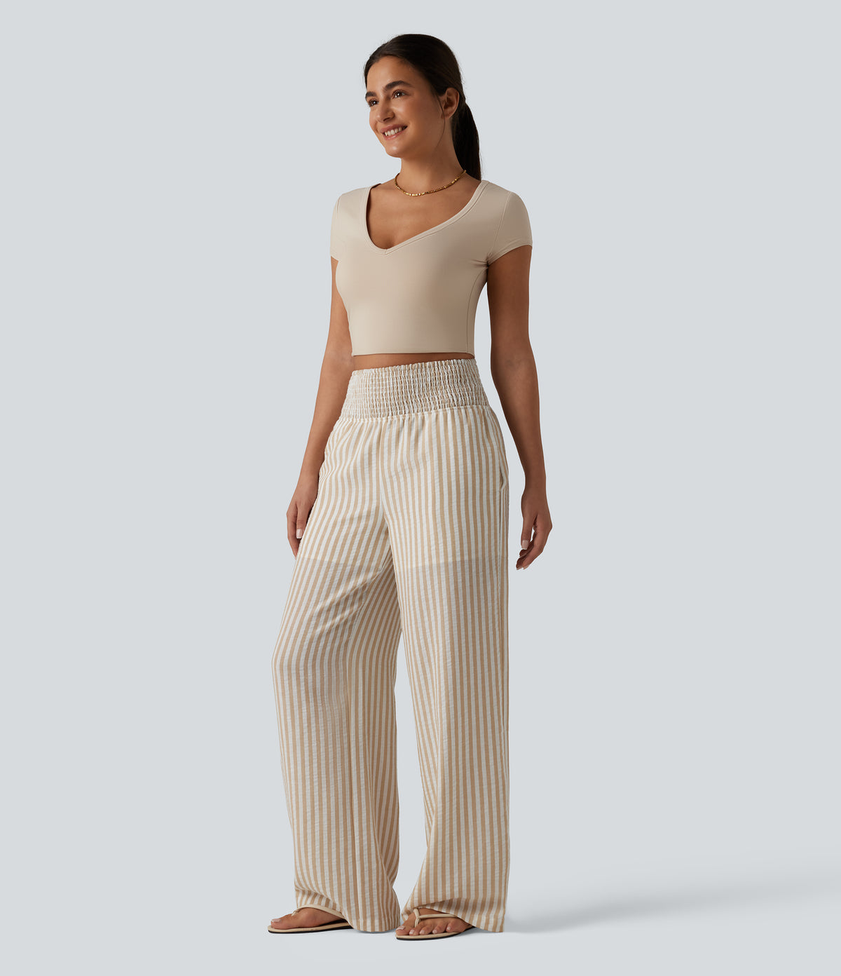 High Waisted Shirred 2-in-1 Straight Leg Stripe Casual Linen-Feel Trousers with Pockets — Oatline — view 6