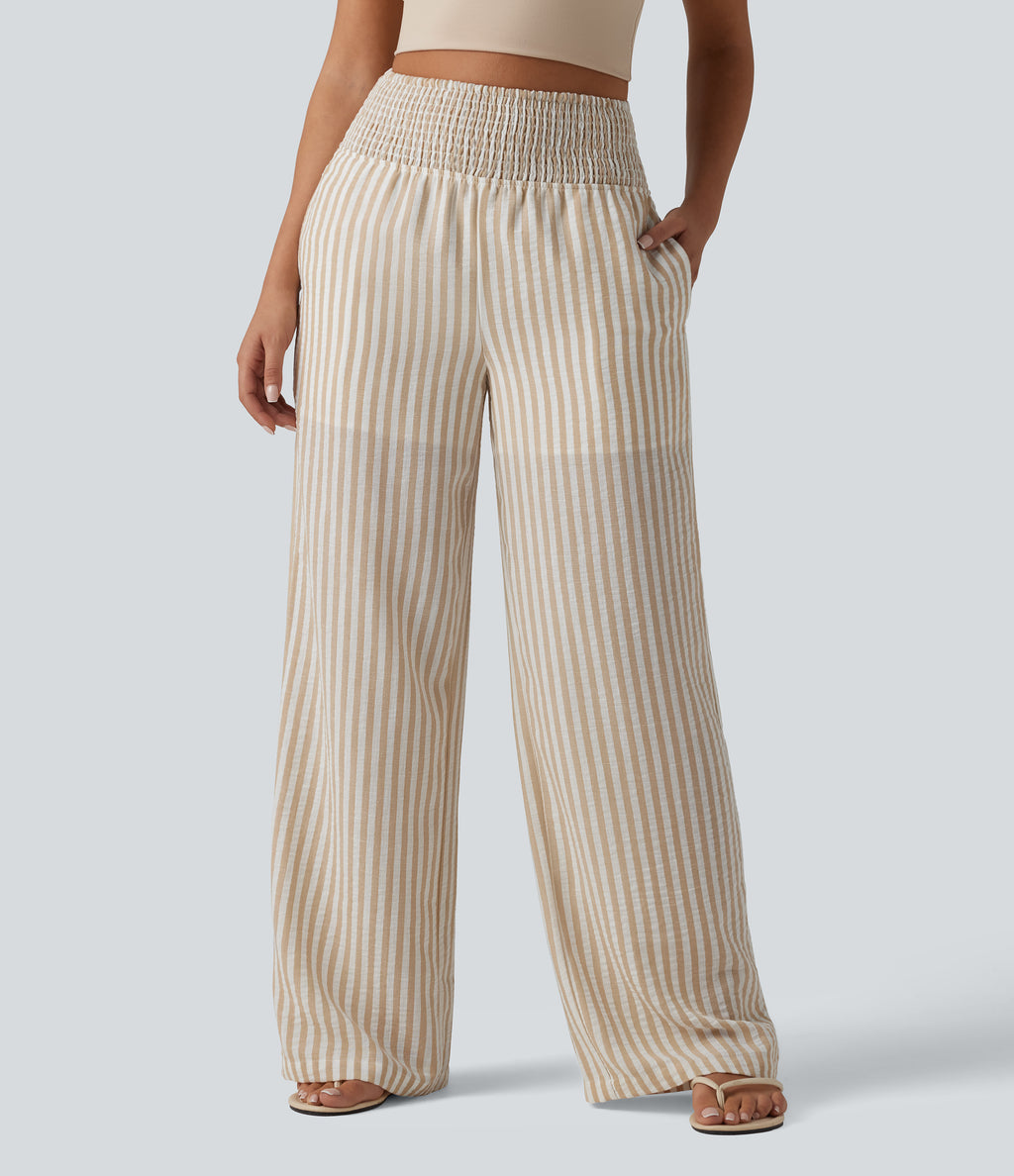 High Waisted Shirred 2-in-1 Straight Leg Stripe Casual Linen-Feel Trousers with Pockets — Oatline — view 3