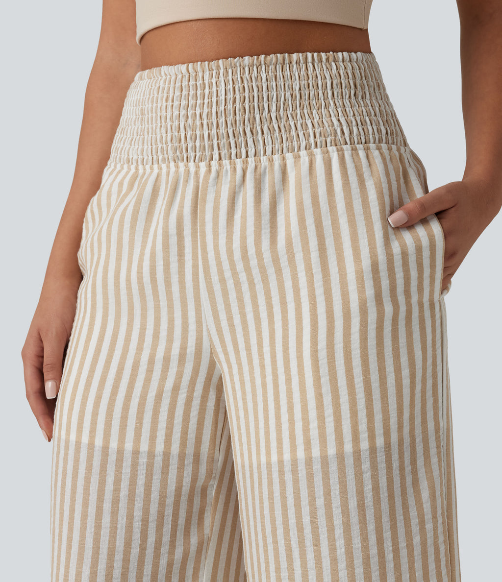 High Waisted Shirred 2-in-1 Straight Leg Stripe Casual Linen-Feel Trousers with Pockets — Oatline — view 4