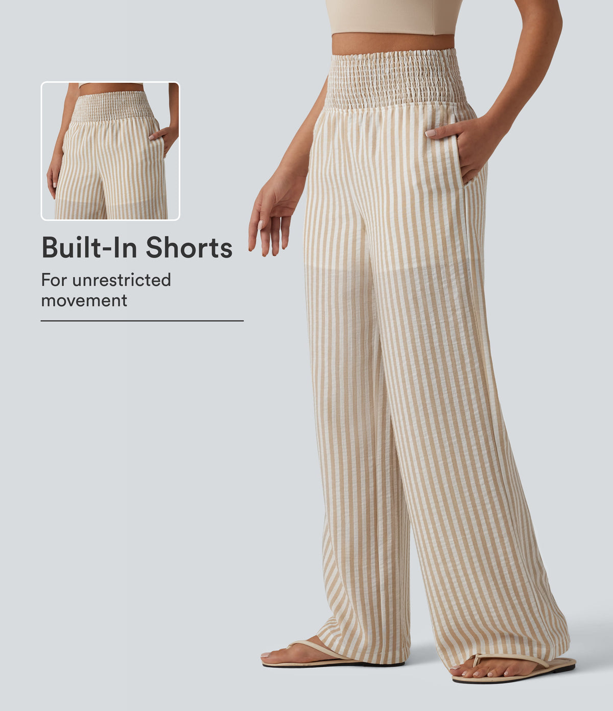 High Waisted Shirred 2-in-1 Straight Leg Stripe Casual Linen-Feel Trousers with Pockets — Oatline — view 1