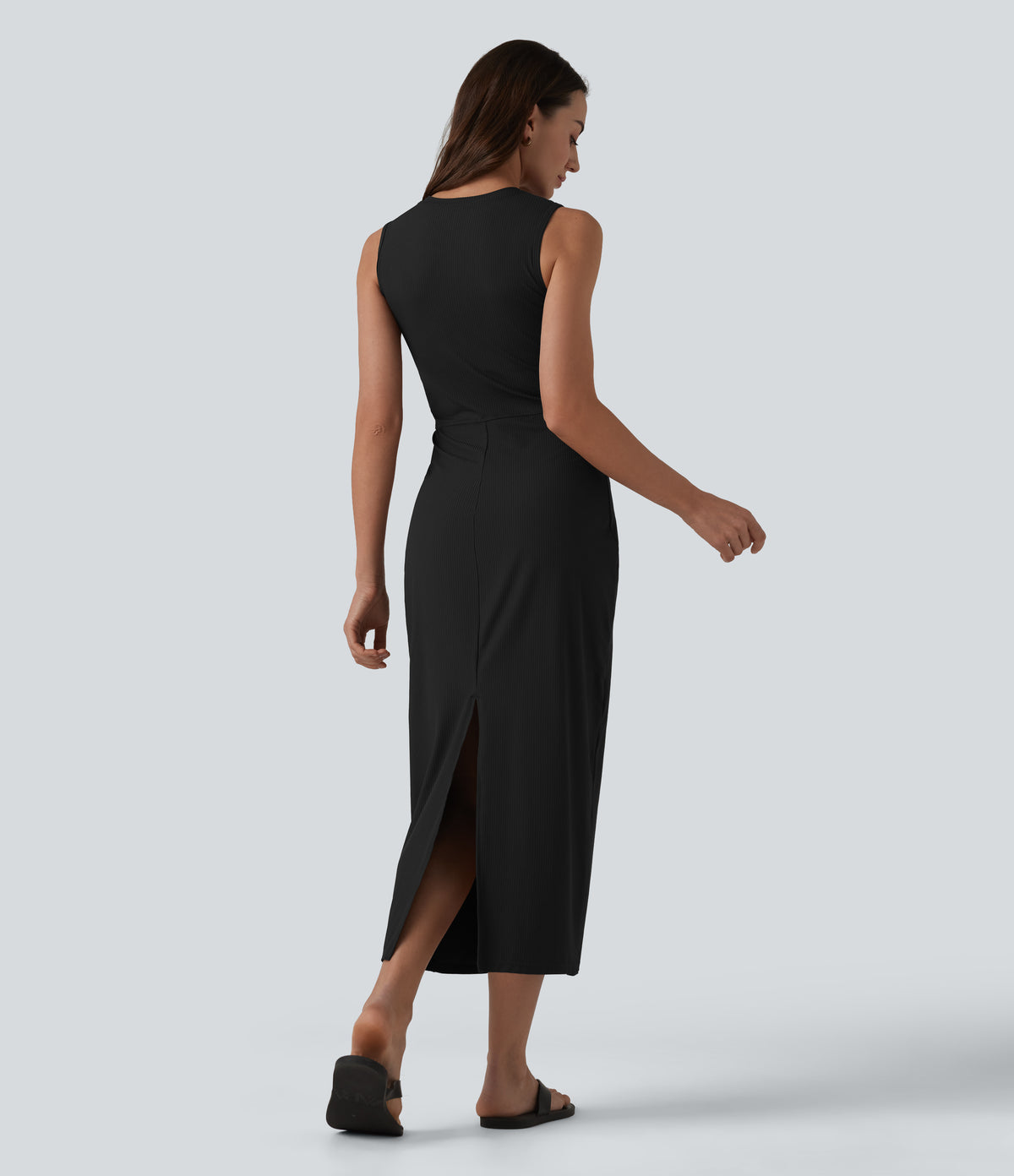 Ribbed Round Neck Sleeveless Built-in Bra Bodycon Midi Casual Dress — Black — view 9