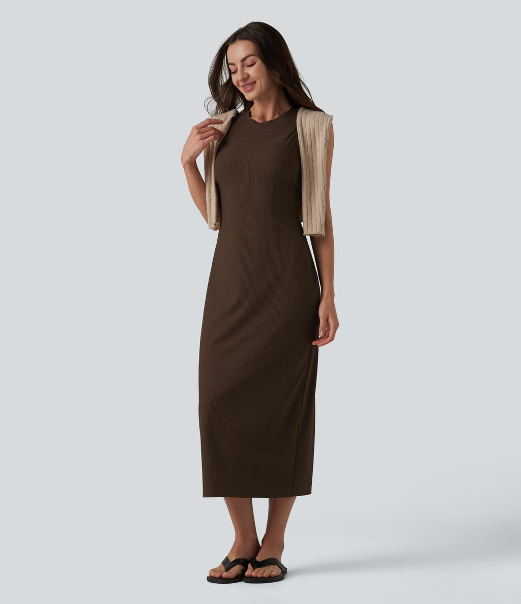 Ribbed Round Neck Sleeveless Built-in Bra Bodycon Midi Casual Dress — Flamewood Brown — view 6