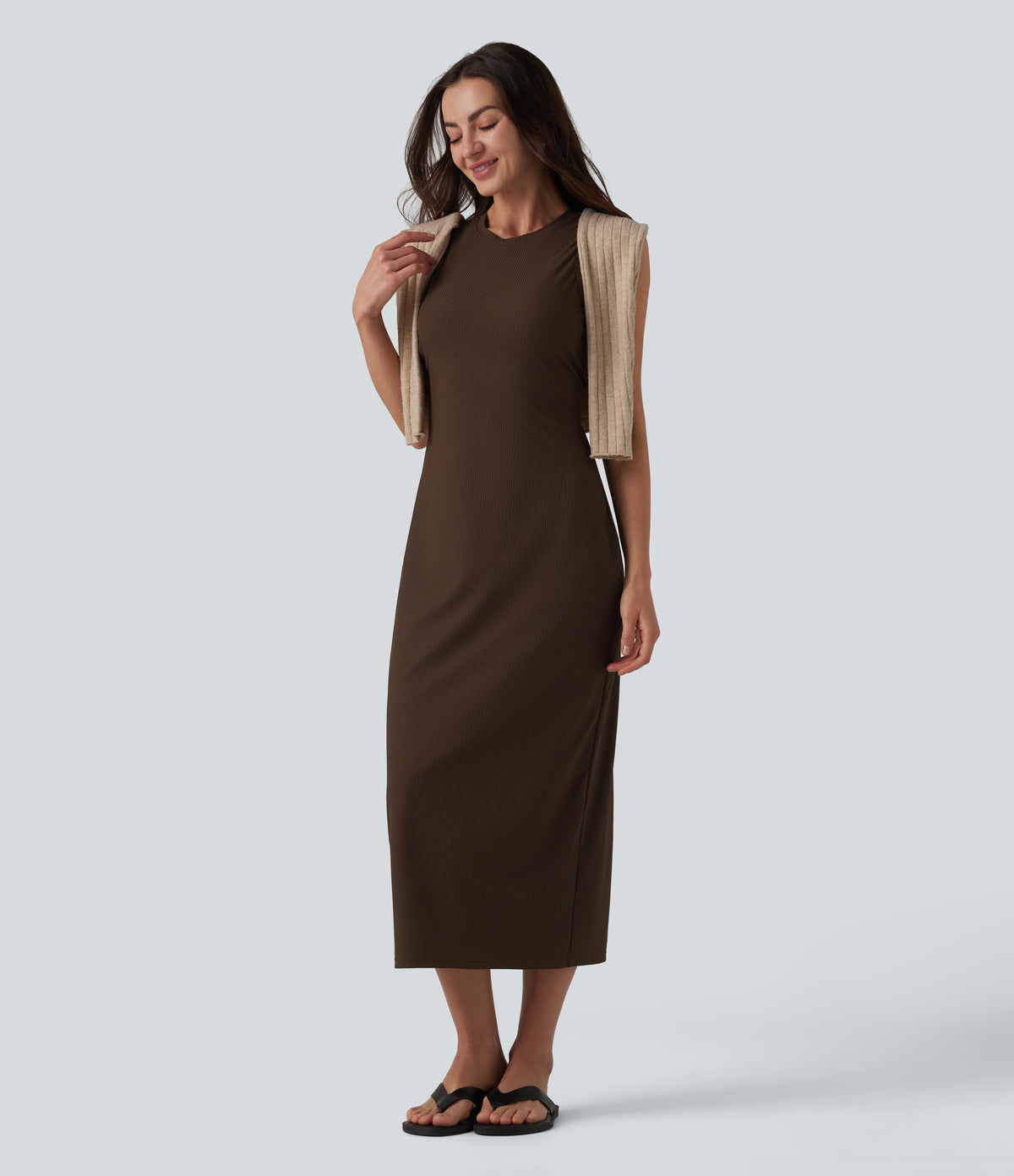 Ribbed Round Neck Sleeveless Built-in Bra Bodycon Midi Casual Dress — Flamewood Brown — view 6