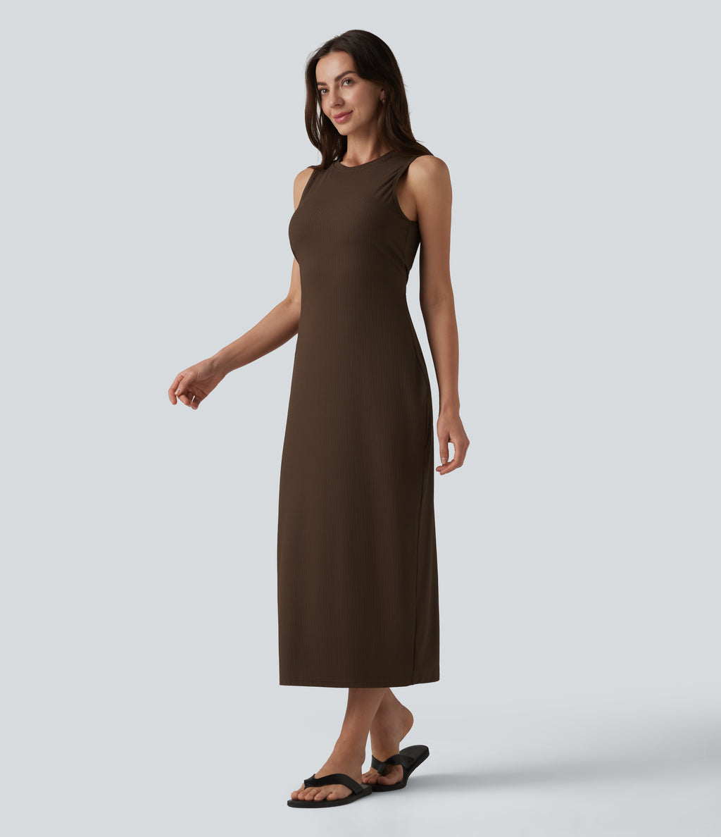 Ribbed Round Neck Sleeveless Built-in Bra Bodycon Midi Casual Dress — Flamewood Brown — view 3